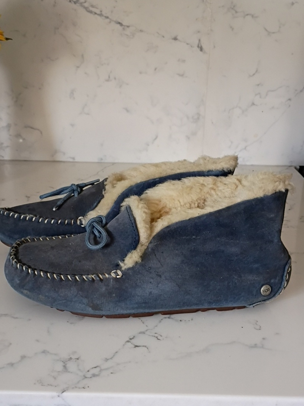 UGG Blue Suede Shearling-Lined Slippers